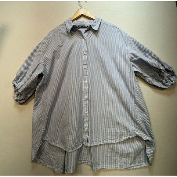 Zara Womens Shirt Blouse Button Down Sz S White Blue Striped Balloon Half Sleeve - Picture 1 of 10
